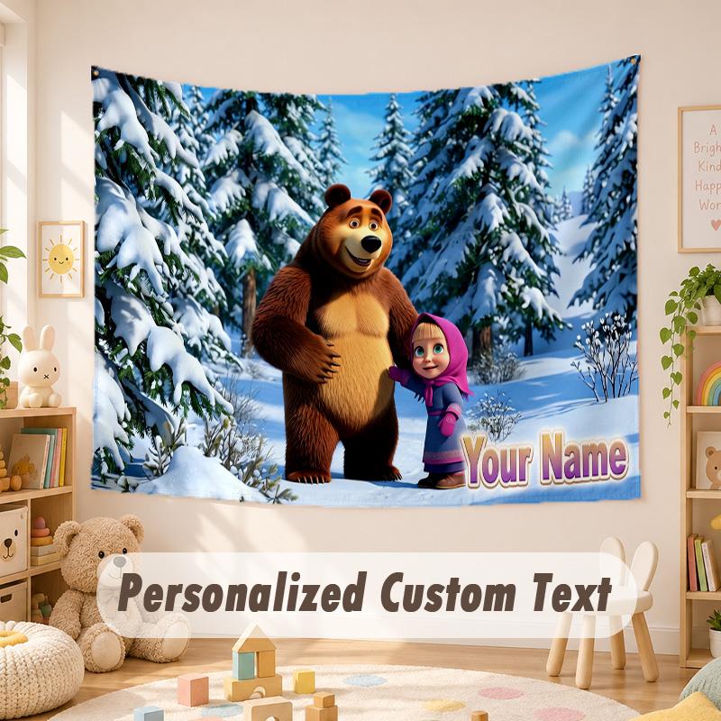 Custom Name Text Tapestry,Masha and the Bear Boho Wall Hanging, Decorative Backdrop Tapestry For Room