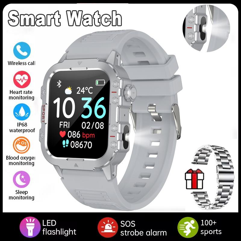 New Outdoors Smart Watch LED Flashlight IP68 WaterProof Multi-Sport Mode Heart Rate Blood Oxygen Monitoring Men Smartwatch