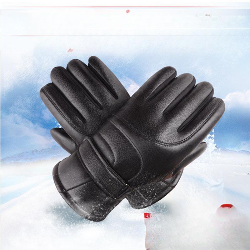Men's PU Large Seven Leather Gloves Warmth and Thick Rainproof Cloth Plus Cotton Touch Screen Gloves Riding Large Size Windproof and Cold Protection