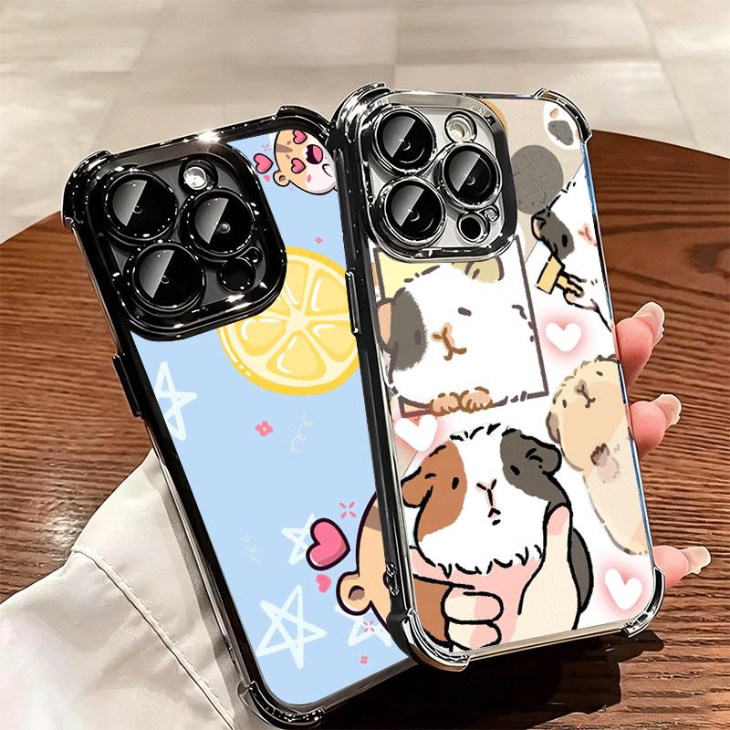 Cartoon Cute Hamster Plating Phone Case For Iphone 16 17 Pro Max Air 16E 14 15 Plus 12 13 Mini Anti-Fall Airabag Cover