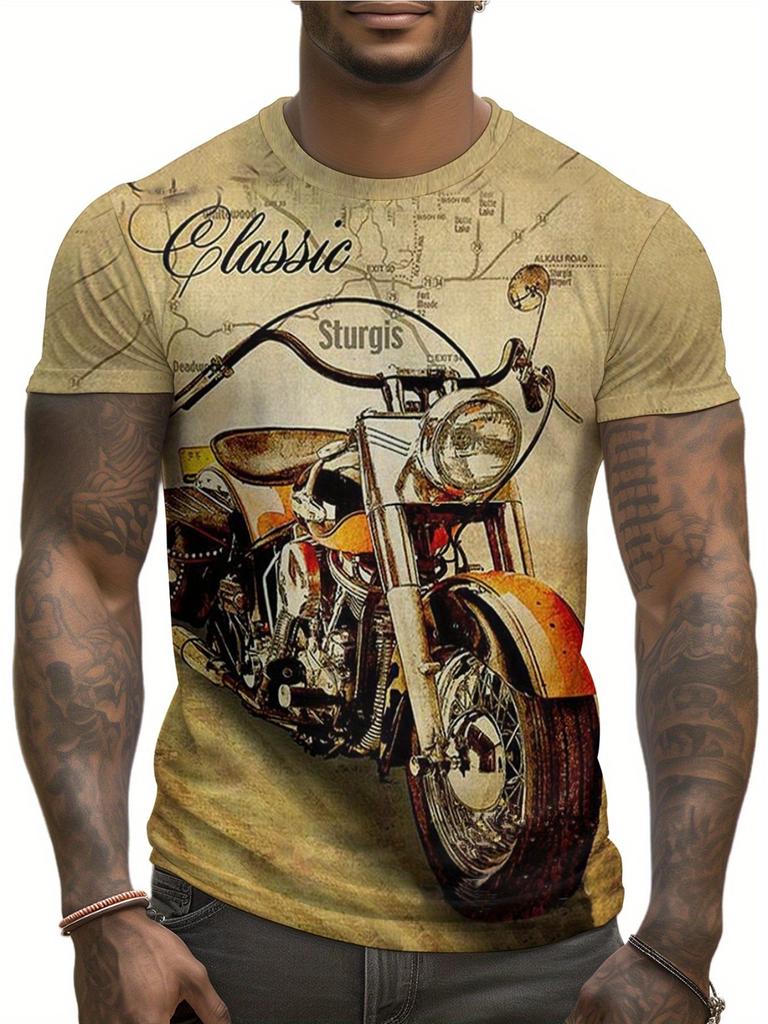 Men's Vintage Motorcycle Pattern-shirt-Casual Fashion Short Sleeve, Breathable Polyester Fiber, Washable, Round Neck-shirt, Classic Bike Printing,