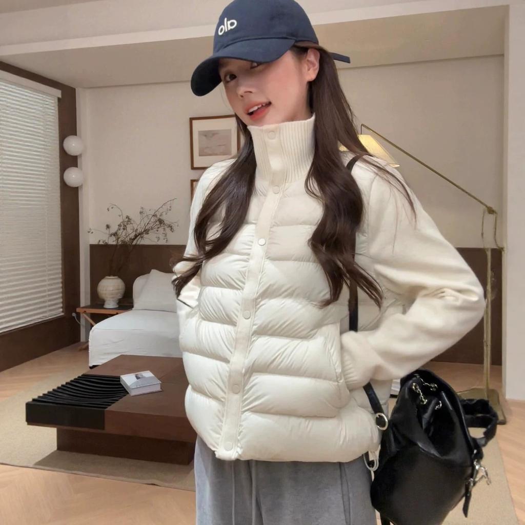Knitted Ribbed Down Jacket for Women, Stand-collar Patchwork, Lightweight Short New White Duck Down Petite Base for Autumn and Winter