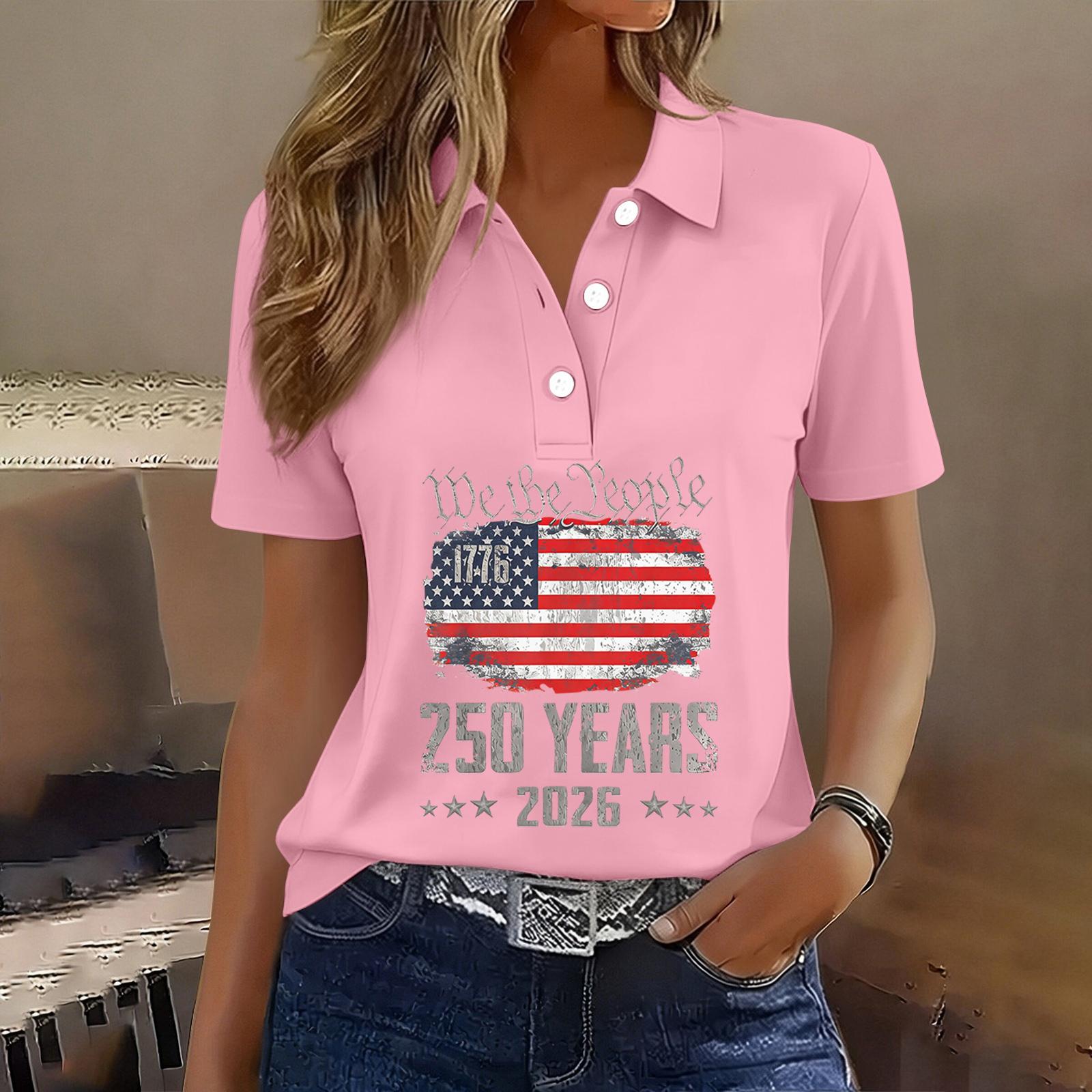 

Women s Casual Button Front Short Sleeve T-Shirt with Independence Day Print Lightweight Comfortable Fit Summer Top XXL рожевий