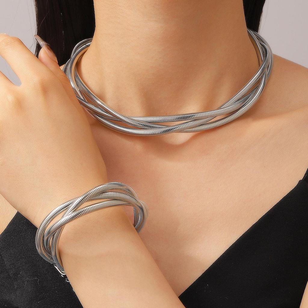 Exaggerated Multi-Layer Braided Choker & Bracelet Set for Women