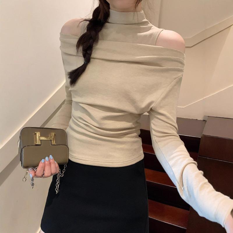 

Swing Collar Temperament Off-shoulder Long-sleeved Women s Autumn New Slim-fitting Bottoming Shirt Pure Desire Small Top XL хакі
