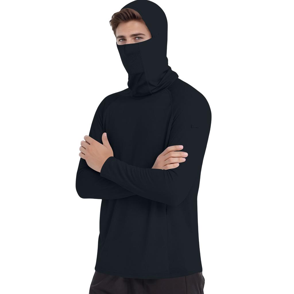 Long Sleeve Hooded Shirt with Built In Face Covering Lightweight Breathable Fabric for Outdoor Activities Men