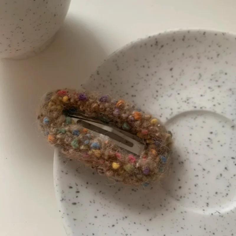 1PC Rainbow Color Classic Style Wool Knitted Barrettes Hand-Woven Hairpin BB Clip High Sense Bang Clip Headwear Hair Accessories