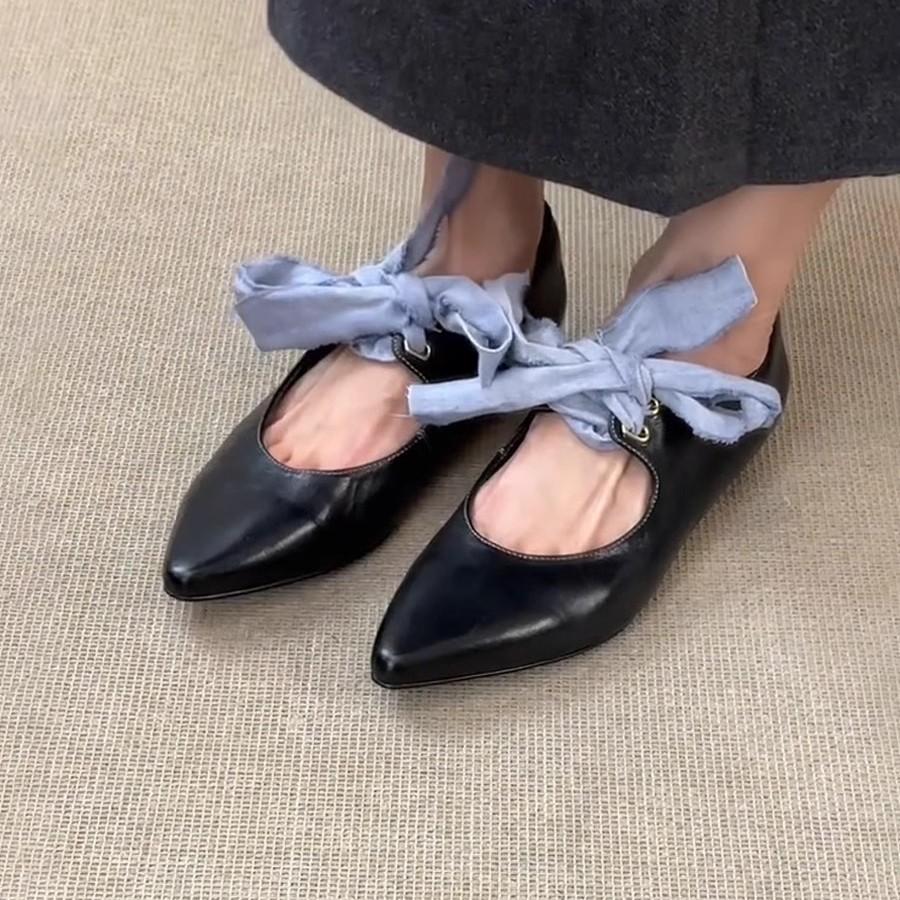 Sheepskin Version~ Retro Pointed Head Bow Ballet Single Shoes Lace-up Low-heeled Mary Jane Shoes Light Mouth Temperament Flats
