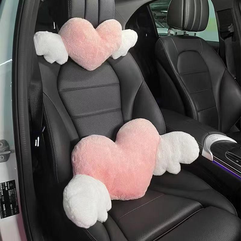 Cute Pink Heart Angel Wing Car Neck Pillow Lumbar Pillow Soft Plush Comfortable Car Seat Cushion Car Seats Interior Decoration
