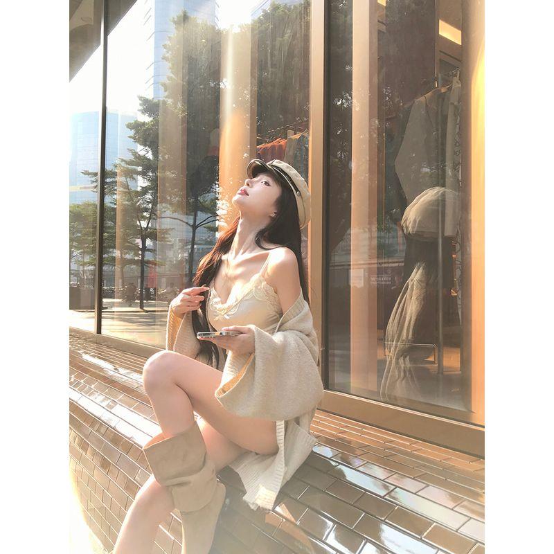 Kumikumi Pure Desire Style Apricot Sweater Outwear Women's Lace Camisole Autumn Khaki Shorts Three-Piece Set