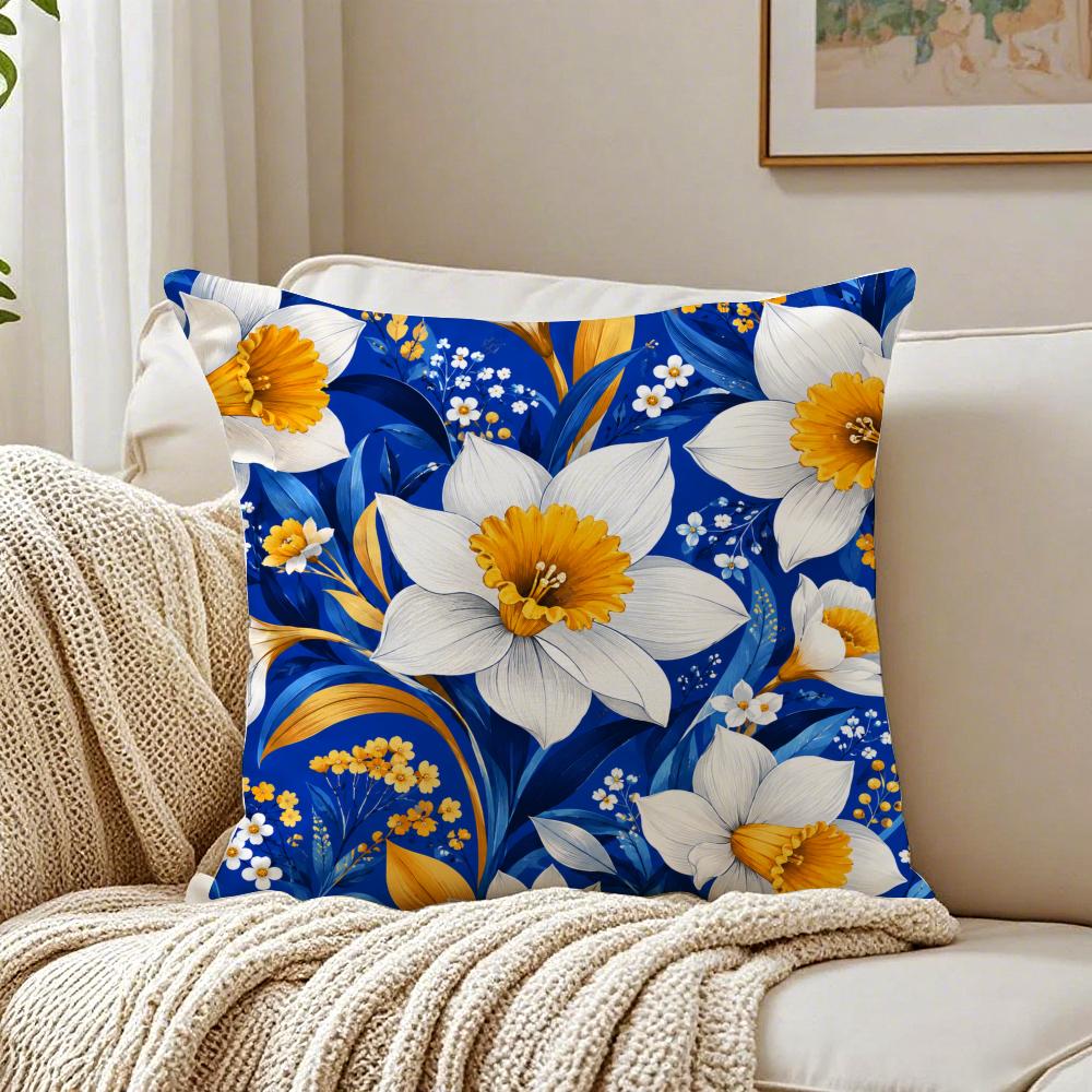 Vintage Dark Blue Floral Design Pillow Case Organic Short Plush Cushion Covers Breathable Washable WrinkleResistant