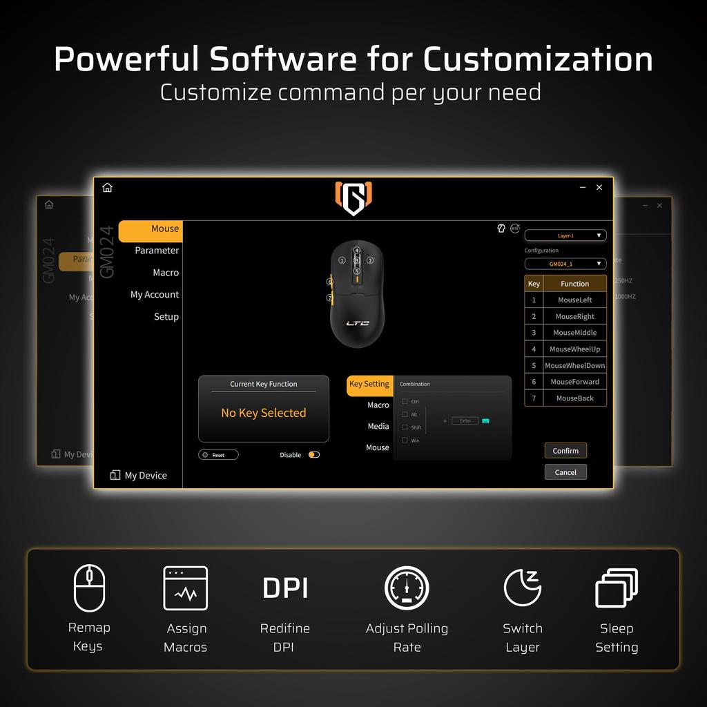 LTC GM024 Tri-Mode Wireless Gaming Mouse, 59g Ultra-Lightweight Ergonomic Gaming Mouse, 2.4GHzBTWired, 6-Level DPI 4800, 1000Hz, 5 Programmable