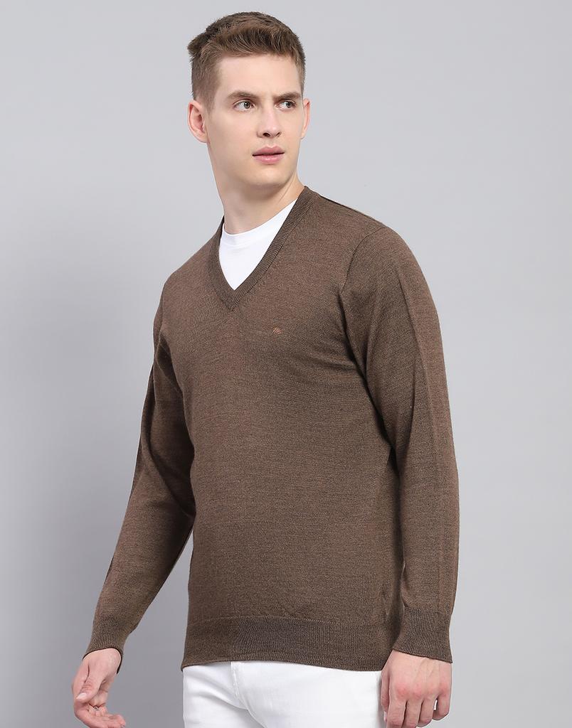 MONTE CARLO Mens Solid Brown V Neck Full Sleeve Pullover