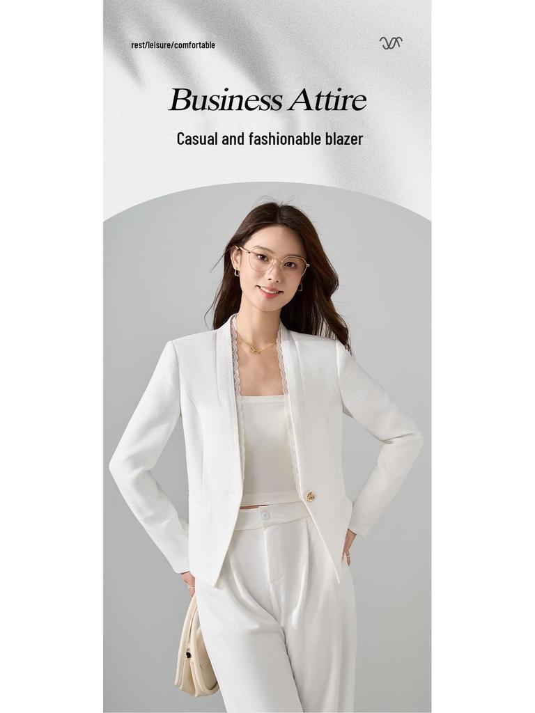 Women's White Lace Long Sleeve Blazer - Slim Fit, Short Style, Versatile for Autumn 2025