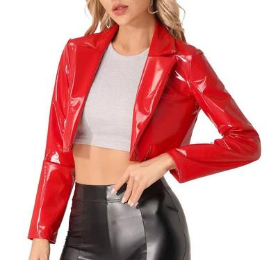 Women's Spring Glossy Lacquered PU Leather Collared Short Jacket Autumn Glossy Roleplay Party Costume