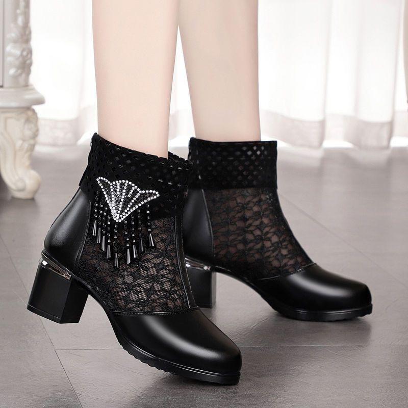 Rhinestones Mesh Hollow Breathable With Medium Heels Women's Sandals Sales 2025 Luxury Summer Offers Comfortable Ladies Shoes
