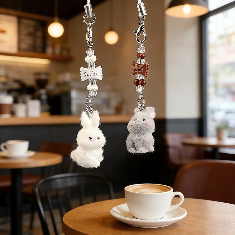 Flocked Resin Rabbit Beaded Phone Lanyard for Women DIY Cute Charm Bag Pendant Girl Friend Gift Accessory Bag Charm