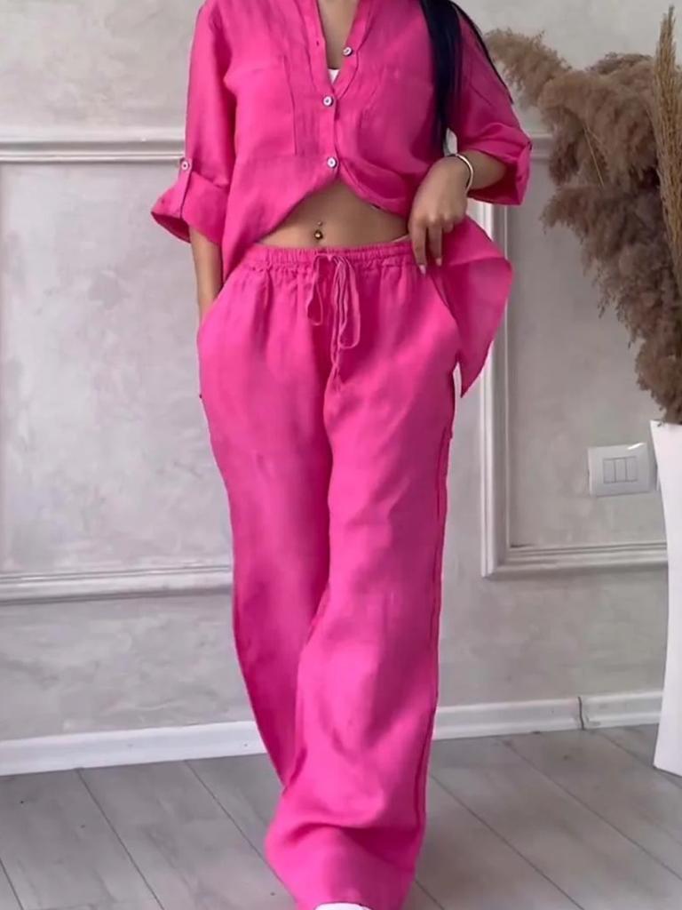 New Women's Solid Color One-Button Long Sleeve Shirt Two-Piece Set Wide Leg Pants with Tie Waist Trousers for Women