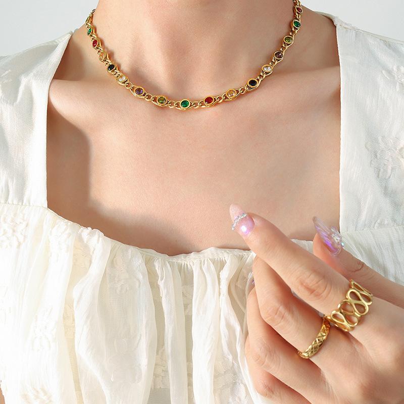 18K Gold Plated Stainless Steel U-Shape Choker Necklace Bracelet Set Minimalist French Retro Style Colorful CZ Diamond Necklace