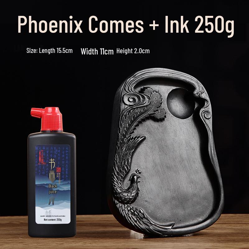 Chengni Inkstone Calligraphy Set: Natural Raw Stone Ink Stick, Duan & She Inkstones, Calligraphy Brush, and Ink Block for Grinding.