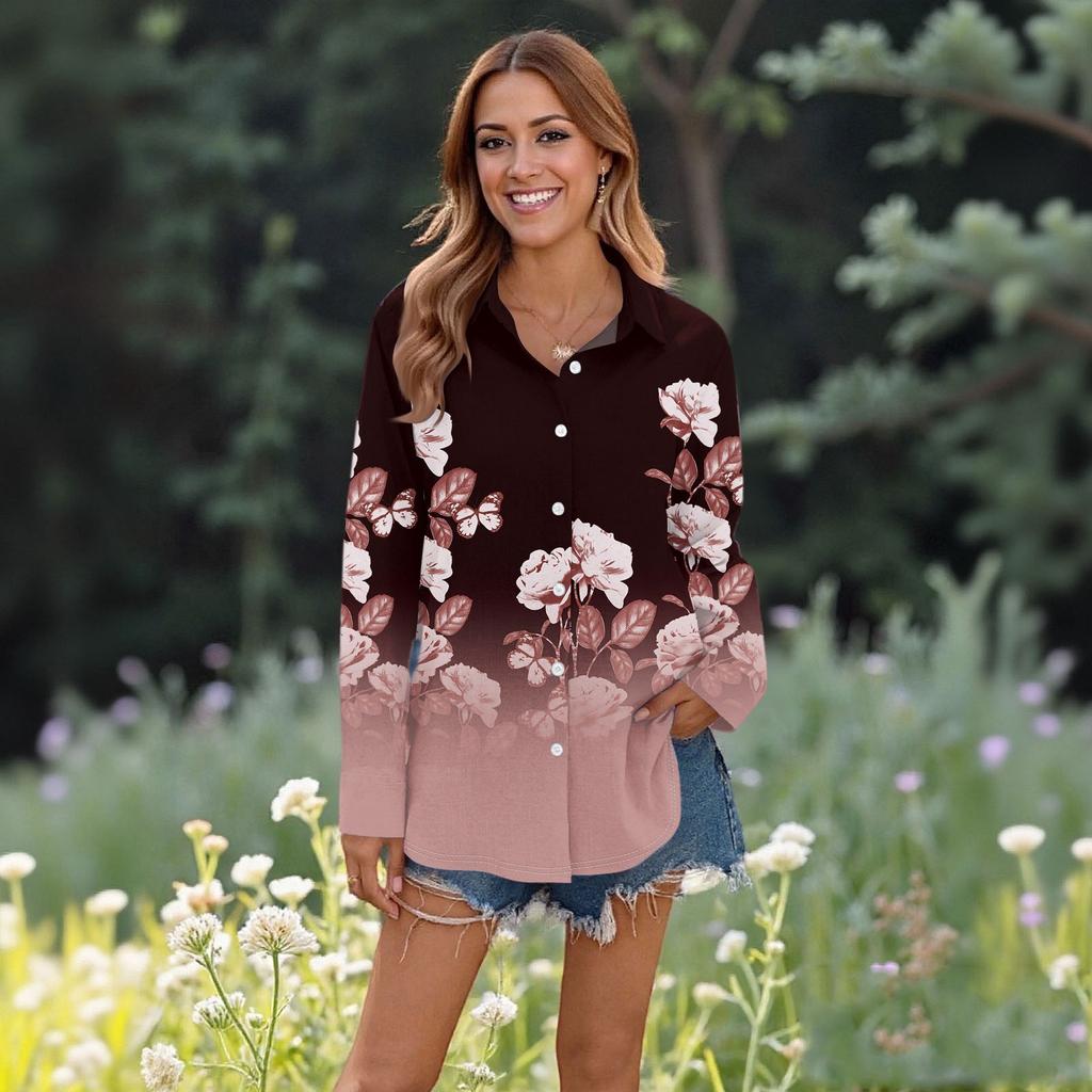 Women's Casual Fashion Tops Long Sleeve Button Loose Shirt