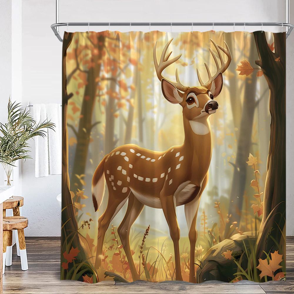 Herbstwald Duschvorhang Hirsch Hochlandrind Tiger Wildtier Natur Herbstlandschaft Badezimmerdekoration Polyester Duschvorhang
