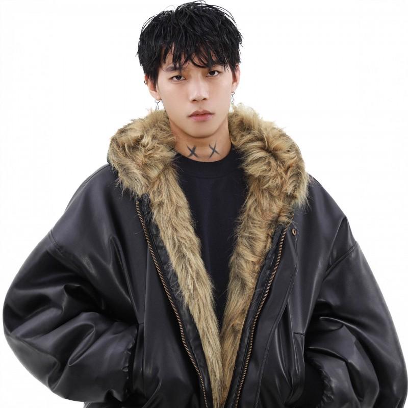 Mens Reversible Faux Fur Lined Hooded Puffer Jacket Winter Warm Thick Cotton Coat Casual Loose Fit