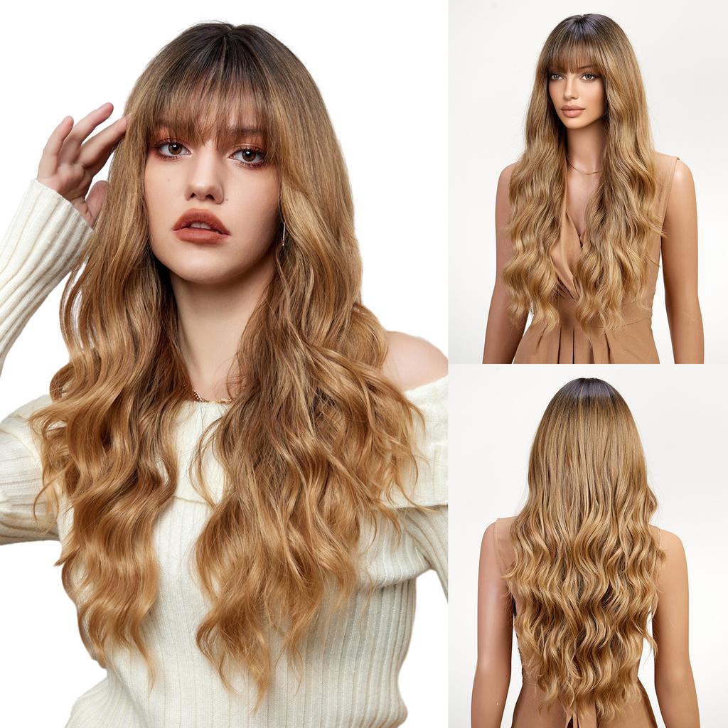 Qi Bangs Platinum Barbie Wind Big Wave Long Curly Hair Fluffy Facial Wig Full Headgear Wig