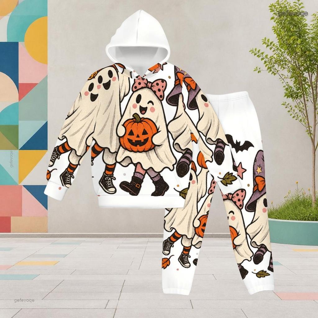 Girls Cute Lamb Printed Hooded Long Sleeve Two Piece Set Kangaroo Pocket Cuffed Pants Outfit