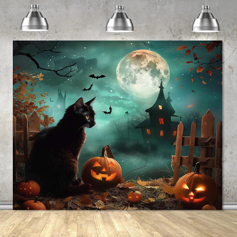 Spooky Halloween Tapestry Wall Hanging Haunted Mansion Autumn Decor Full Moon Black Cat Gothic Art Print