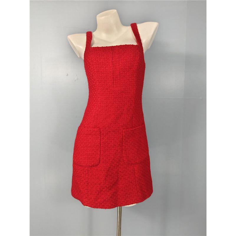 

Foreign Trade Order AQ High-Quality Texture Fleece Red Festive Square Collar Sling Waist Hugging Dress Graceful Guest dresses Red XS