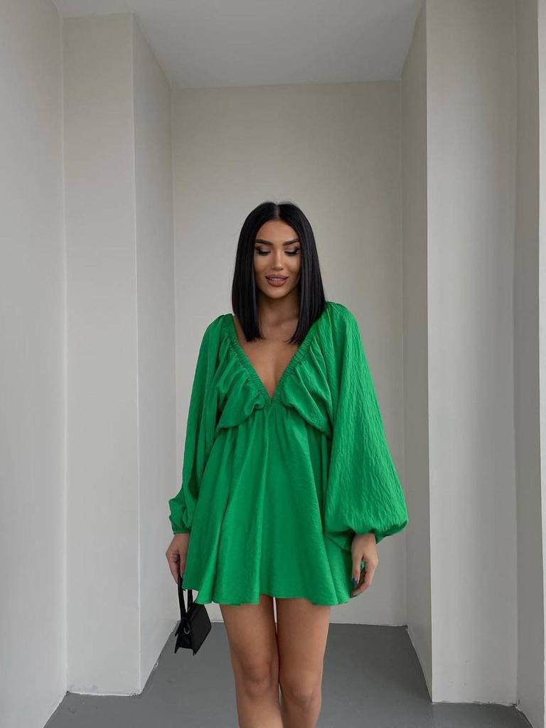 New V-Neck Long Sleeve Dress, Self-Designed Bubble Sleeve Maxi Dress