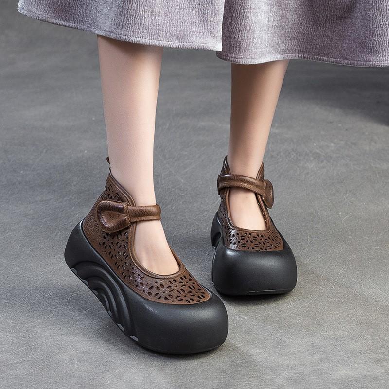 Johnature Sandálias de couro legítimo com sola grossa romanas respiráveis e plataforma plana feminina