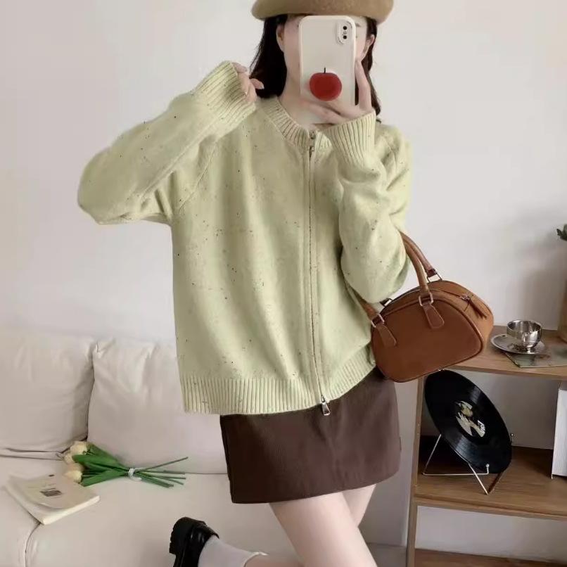 Crew neck short sweater jacket women's loose autumn 2025 new zipper knitted cardigan loose top women's trend