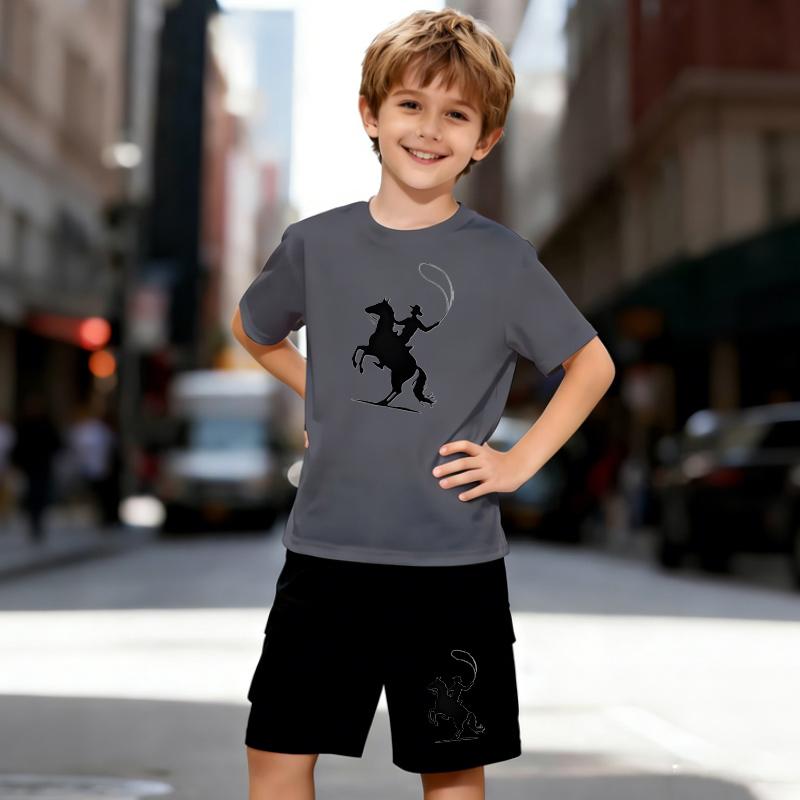 Boys 2 Piece Western Cowboy Print Outfit, Short Sleeve T-Shirt and Shorts Set for Kids Age 5-14, Black and White Sporty Casual Summer Clothes