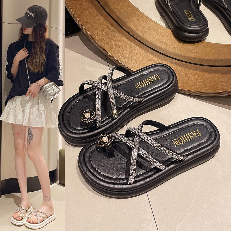 Set of toe thick-soled slippers for women to wear summer new flower rhinestones cross belt Roman one-pedal cool slippers