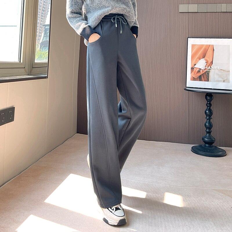 Winter New Thickening Velvet Wide Leg PantsCasual Warm Elegant Women Sweatpants Korean High Waist Loose Straight Pants Female