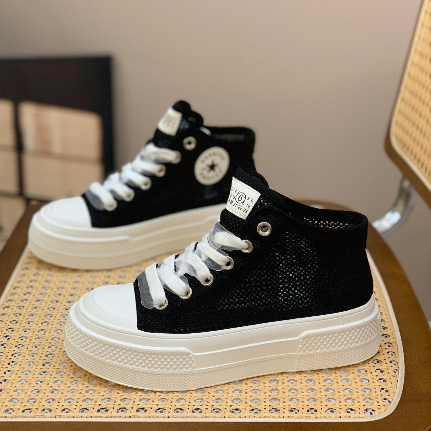 

Женские высокие кеды на платформе-маффине, модные, летние, новые, универсальные, из сетки, дышащие, повседневные, на шнуровке, маленькие белые туфли 40 чёрный