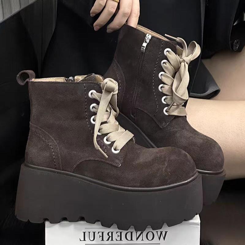 Dámské semišové boty na platformě, vysoké podpatky, kotníkové boty, značkové ležérní tenisky, šněrovací chelsea boty, zimní trendy 2024, teplé boty pro ženy