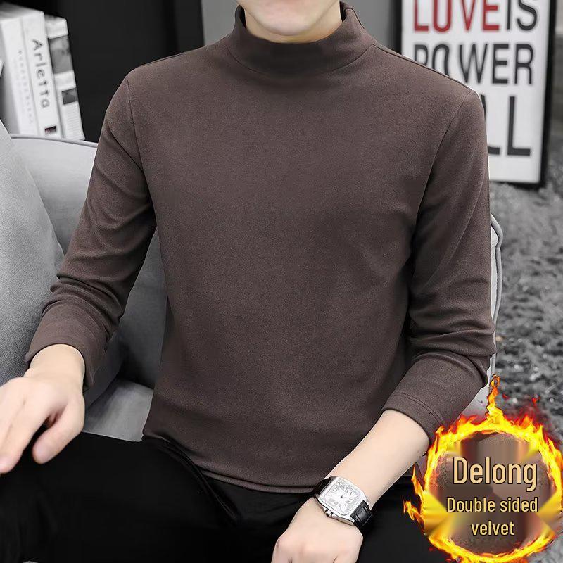 Men's Korean Fleece Set: Long Sleeve, Long Pants, High Neck, Double-Sided, Warm Base Layer for Autumn and Winter