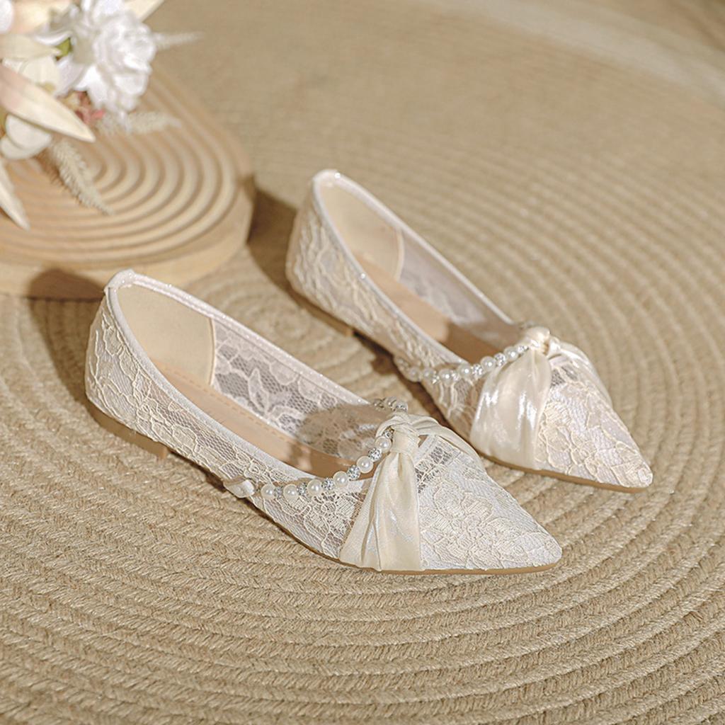 French Style Women's Flat Shoes, New Fairy Style Pearl Bridesmaid Single Shoes, Mesh Breathable and Gentle Sandals for Women