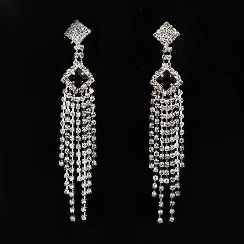 European and American Fashion & Trend Temperament Ear Studs Earrings Multi-Row Diamond-Studded Tassel Ornament E343