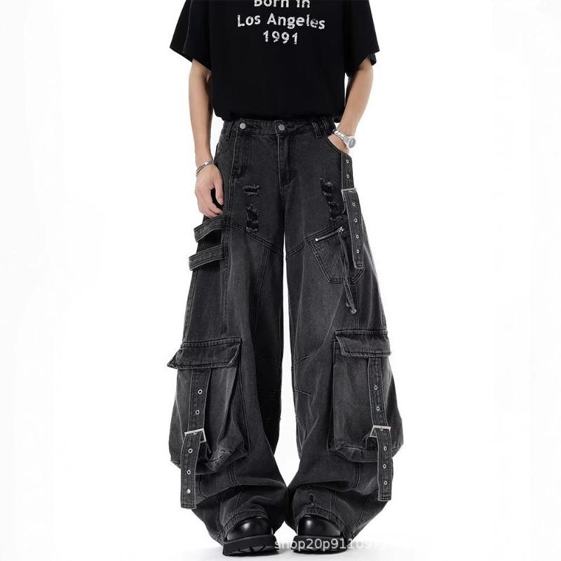 Heavy Deconstruction Streamer Tooling Jeans Men's and Women's Autumn High Street Multi-pocket Ripped Wide-leg Pants