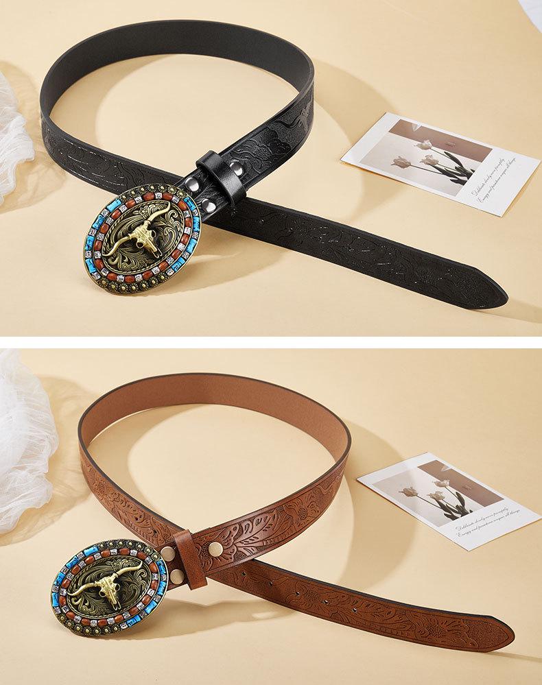 Men's Bull Head Western Leather Belt with Large Buckle
