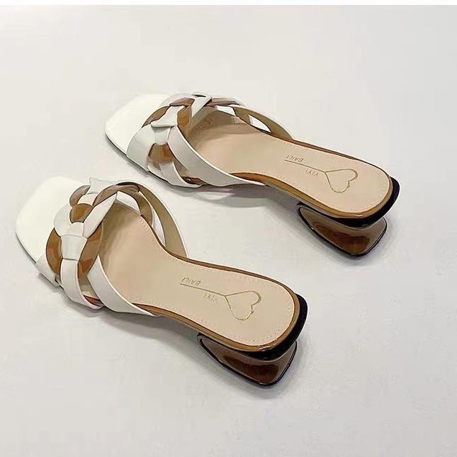 2025 summer new British style color matching cross with cool slippers women wear thick heel high heel cool slippers women