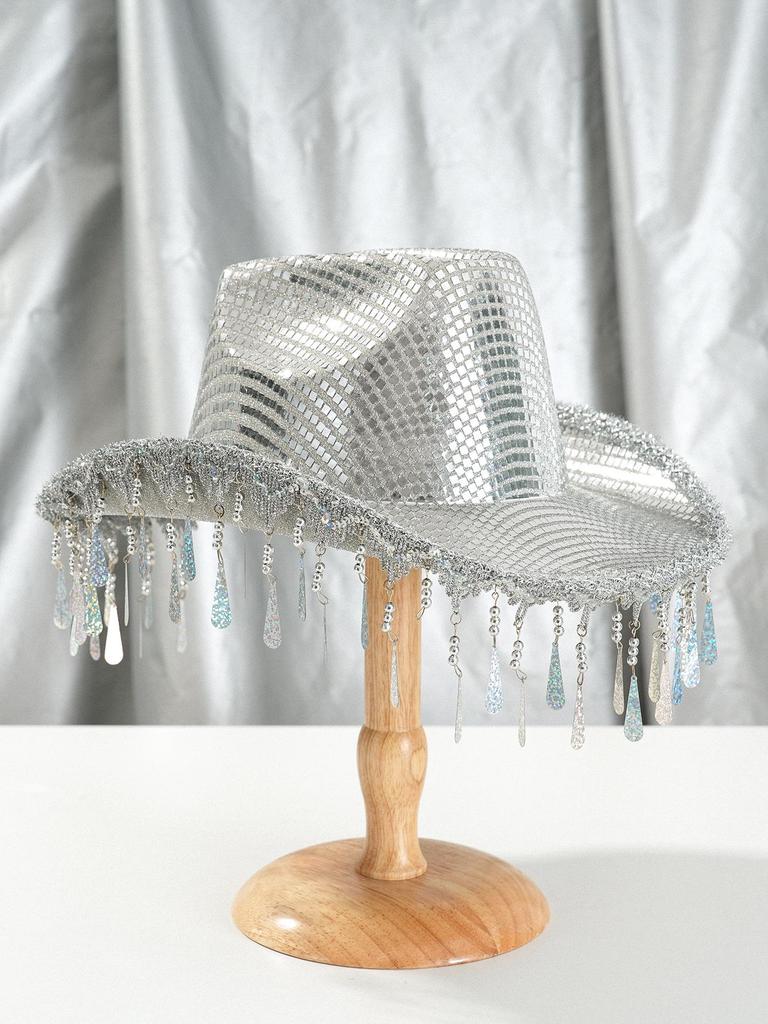 Unisex Sequin Tassel Star Cowboy Jazz Hat with Wide Brim