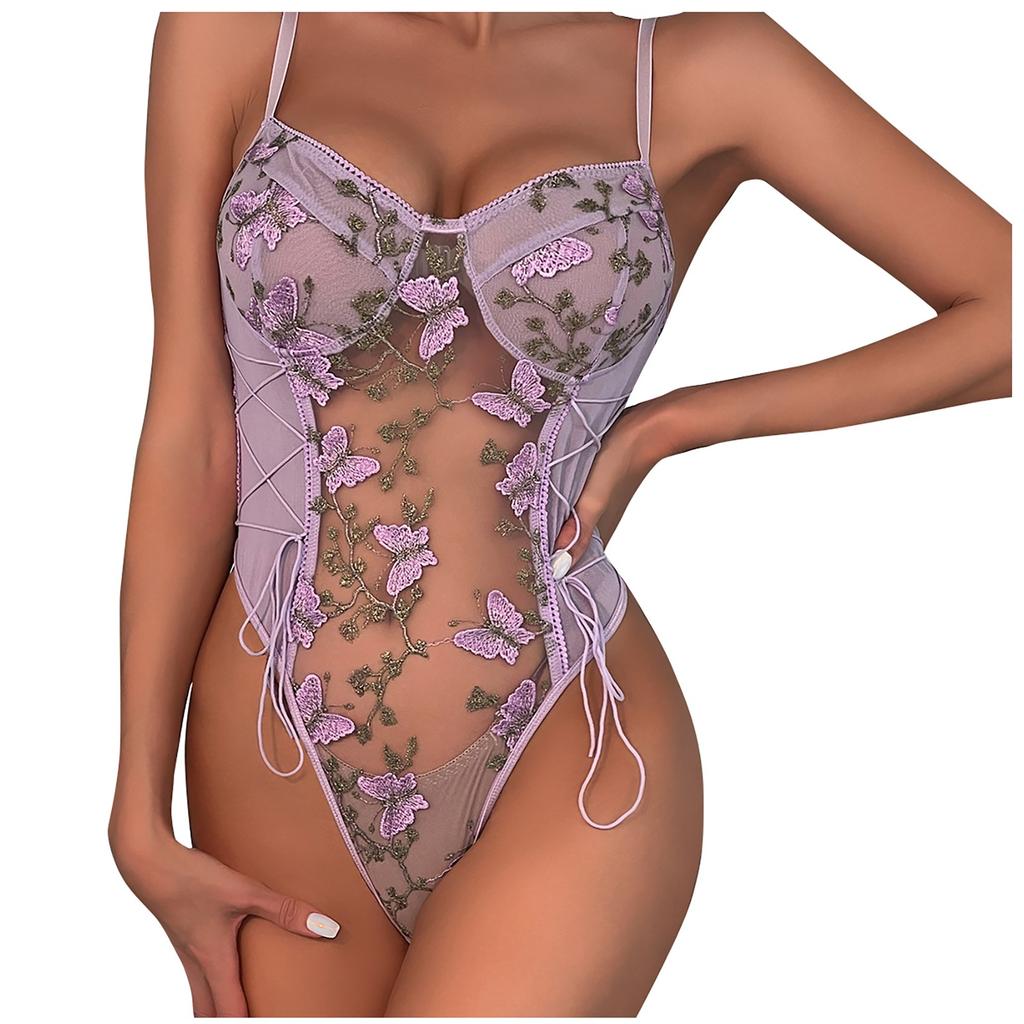Women's Lace Embroidered Butterfly Sheer Mesh Bodysuit Adjustable Straps Slim Fit One Piece Lingerie with Underwire Support and Side Lace-Up Design