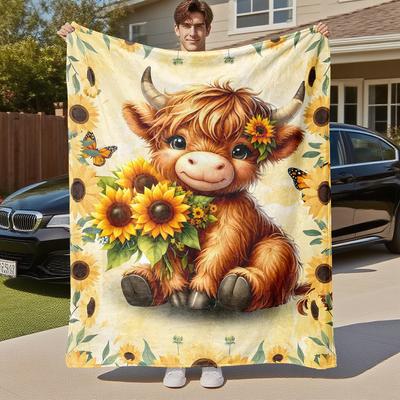 1PC cowflowerOutdoor Flannel Blanket - Soft Plush Decor for Picnics, Camping, Bedroom, All-Season Cozy Gift for Christmas, Lightweight 1368A
