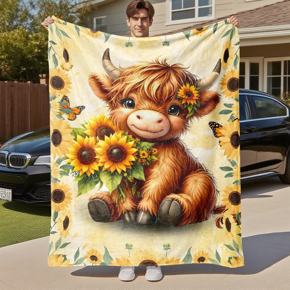 1PC cowflowerOutdoor Flannel Blanket - Soft Plush Decor for Picnics, Camping, Bedroom, All-Season Cozy Gift for Christmas, Lightweight 1368A