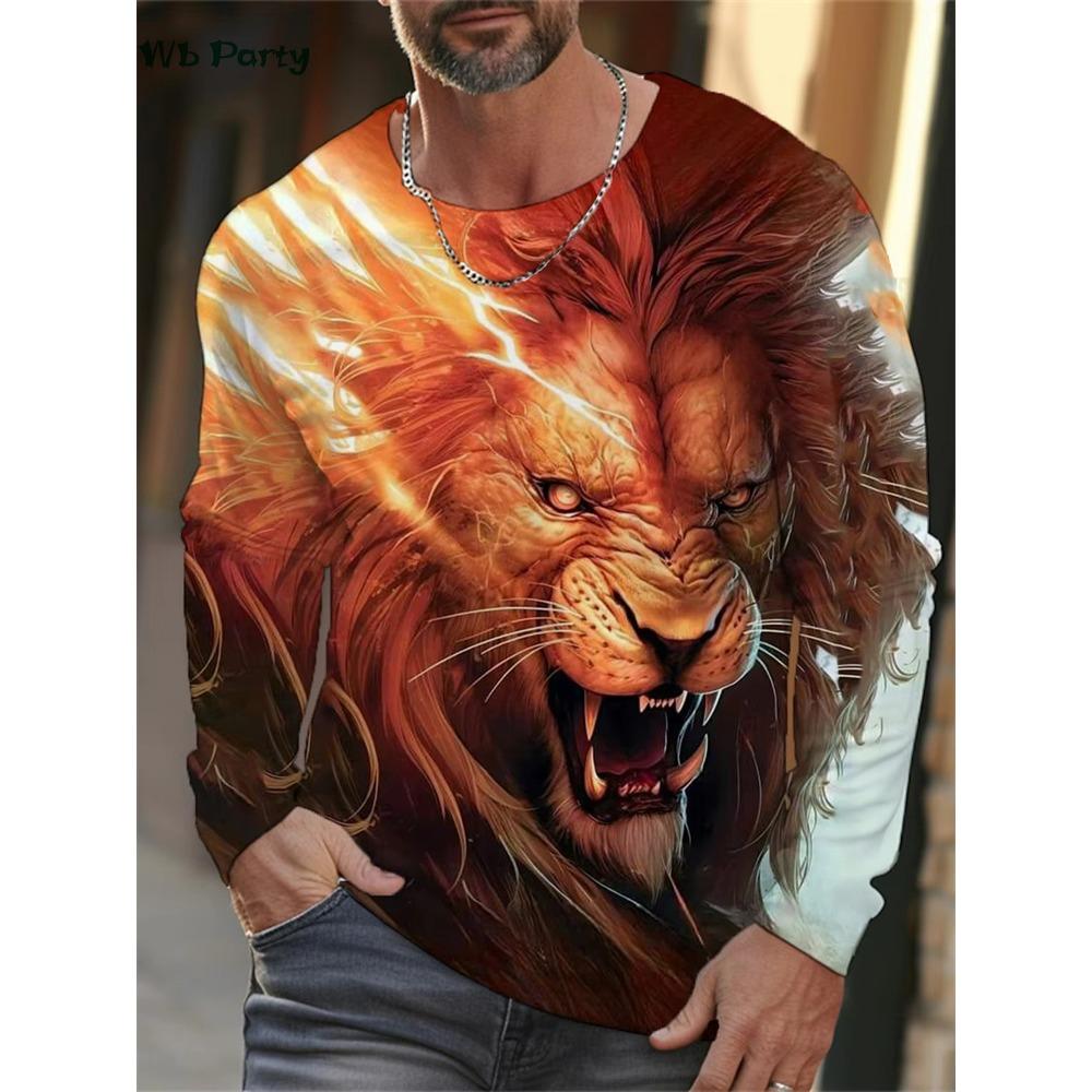 Vintage Lion T Shirt Men 3D Print Lion Graphic T Shirts Men Long Sleeve T-Shirt Mens Clothing Casual Loose Men's Clothing Tops